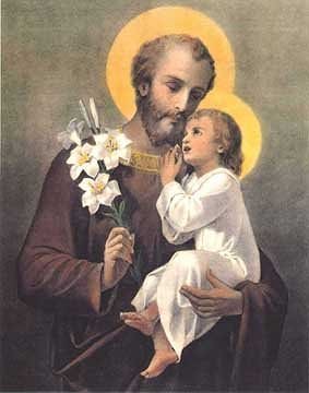 Saint Joseph holding Jesus and Lillies