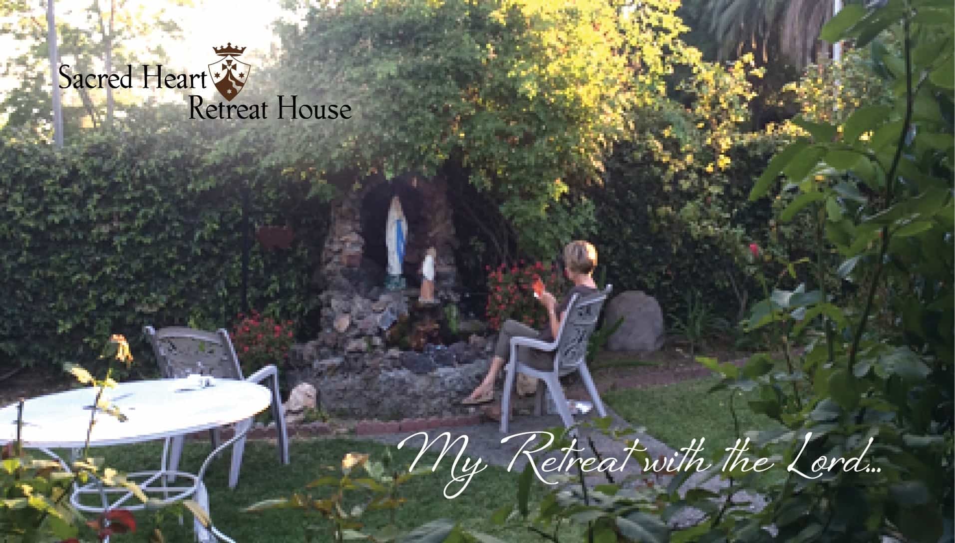 SHRH_10reasons_retreat_blog Retreatant praying in front of Mary statue, "Sacred Heart Retreat House, my retreat with the Lord"