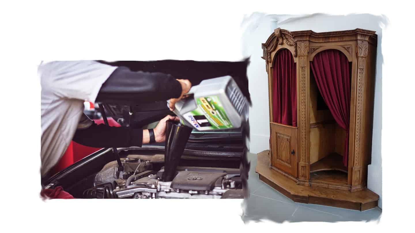 SpiritualTipsOct image of pouring oil into car and a confessional