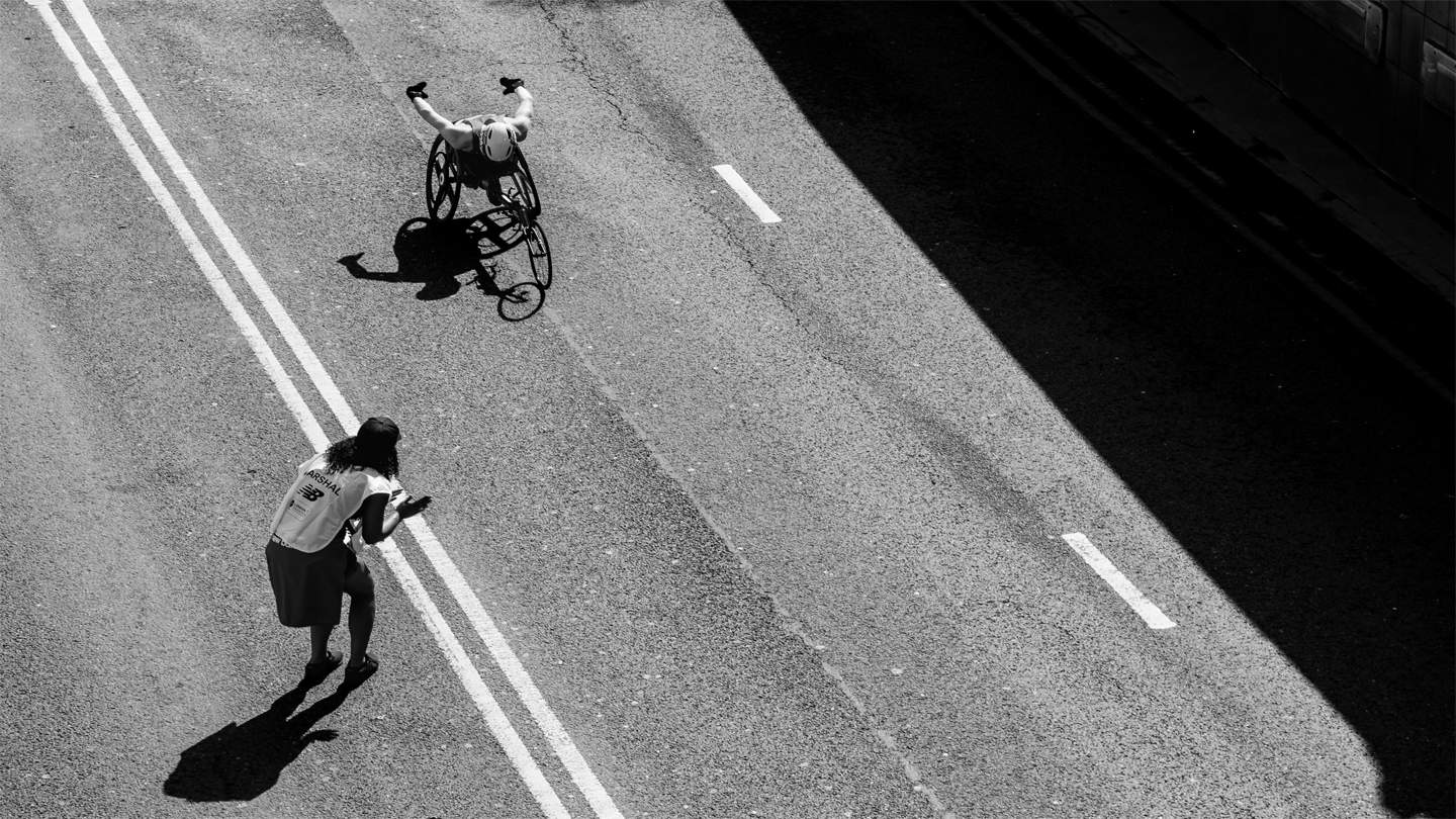 black and white wheelchair race