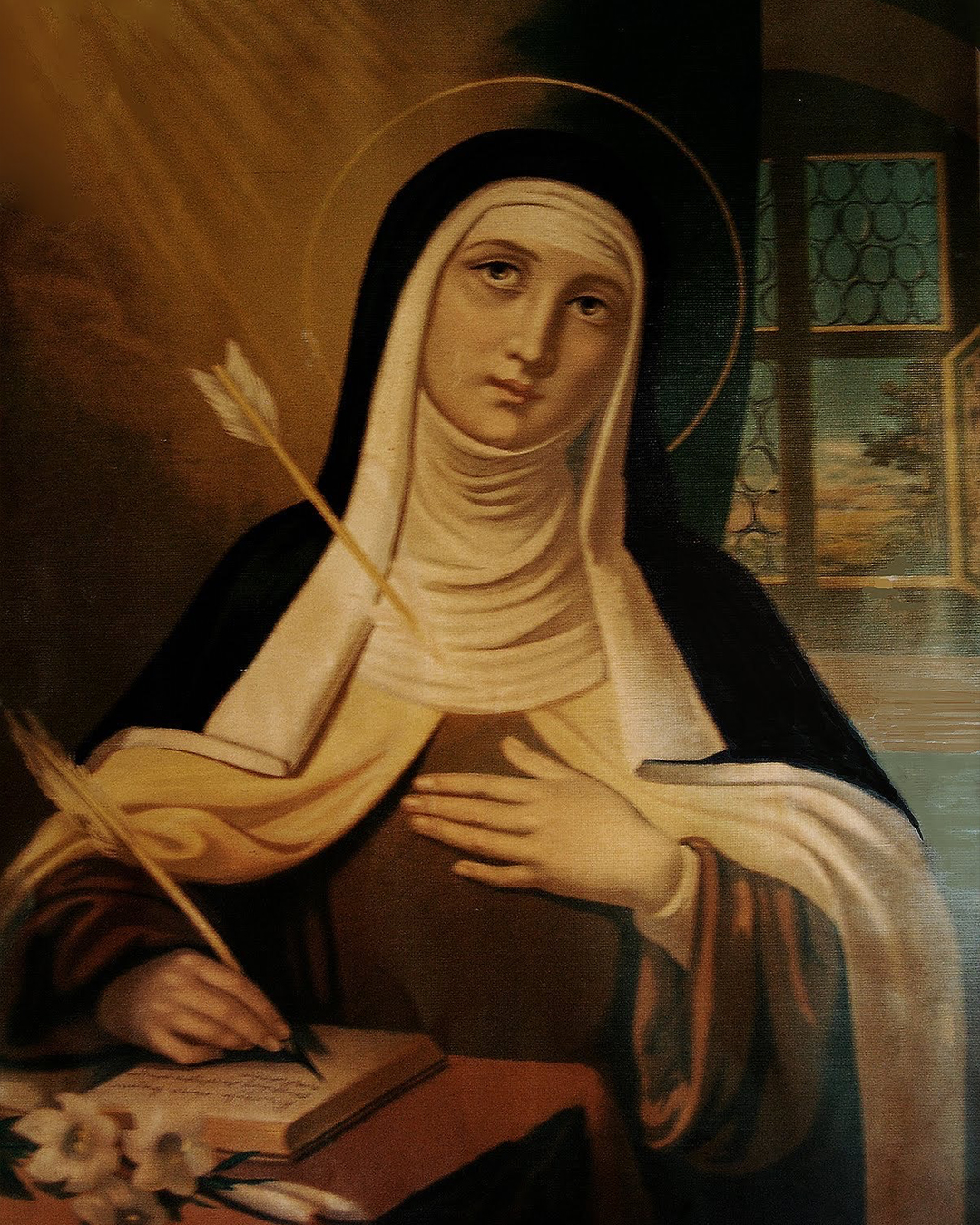 Icon of St. Teresa of Avila. A golden arrow is about to pierce her breast while she writes in a book with a quill pen.