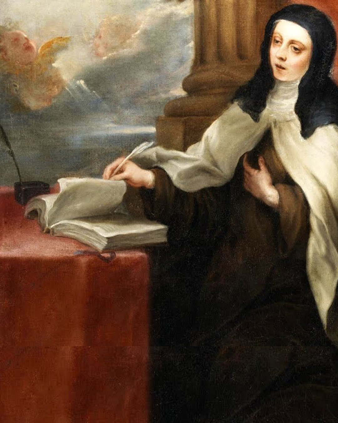 St. Teresa of Avila writing in a book as rays of light fall on her.