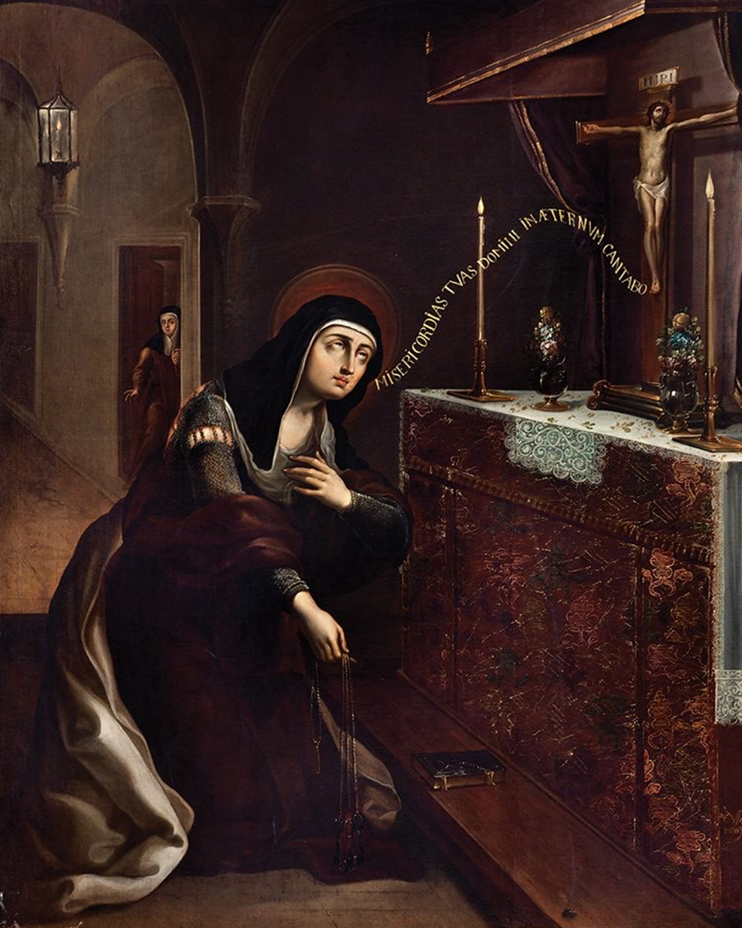 St. Theresa of Avila kneeling before an altar and the crucifix, prayers coming from her mouth.