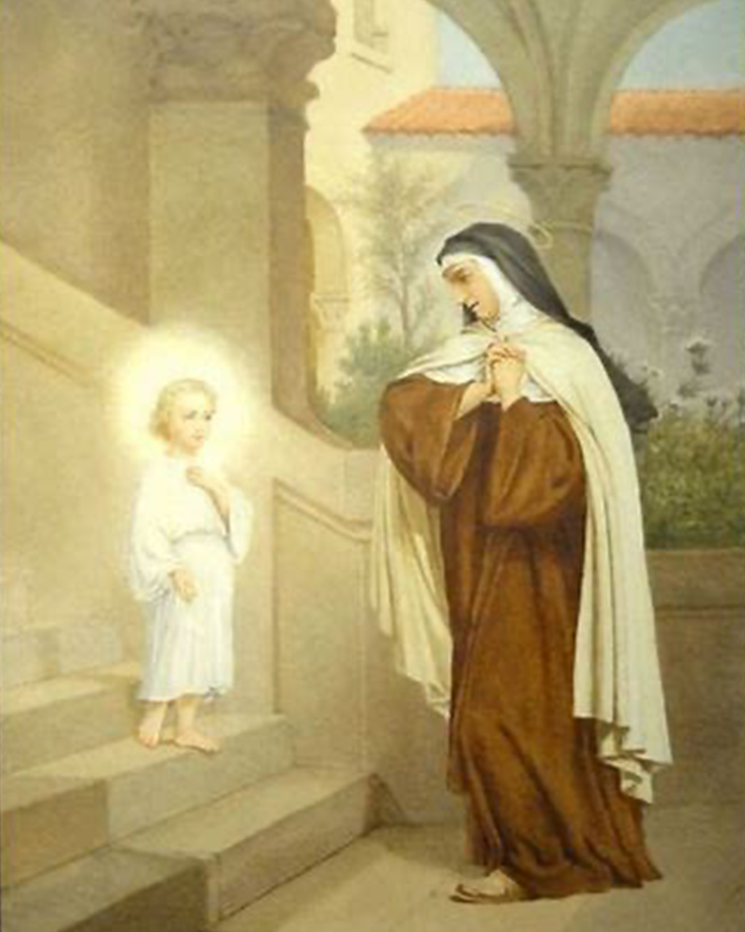 St. Teresa of Avila beholding the child Jesus on the steps of a church.