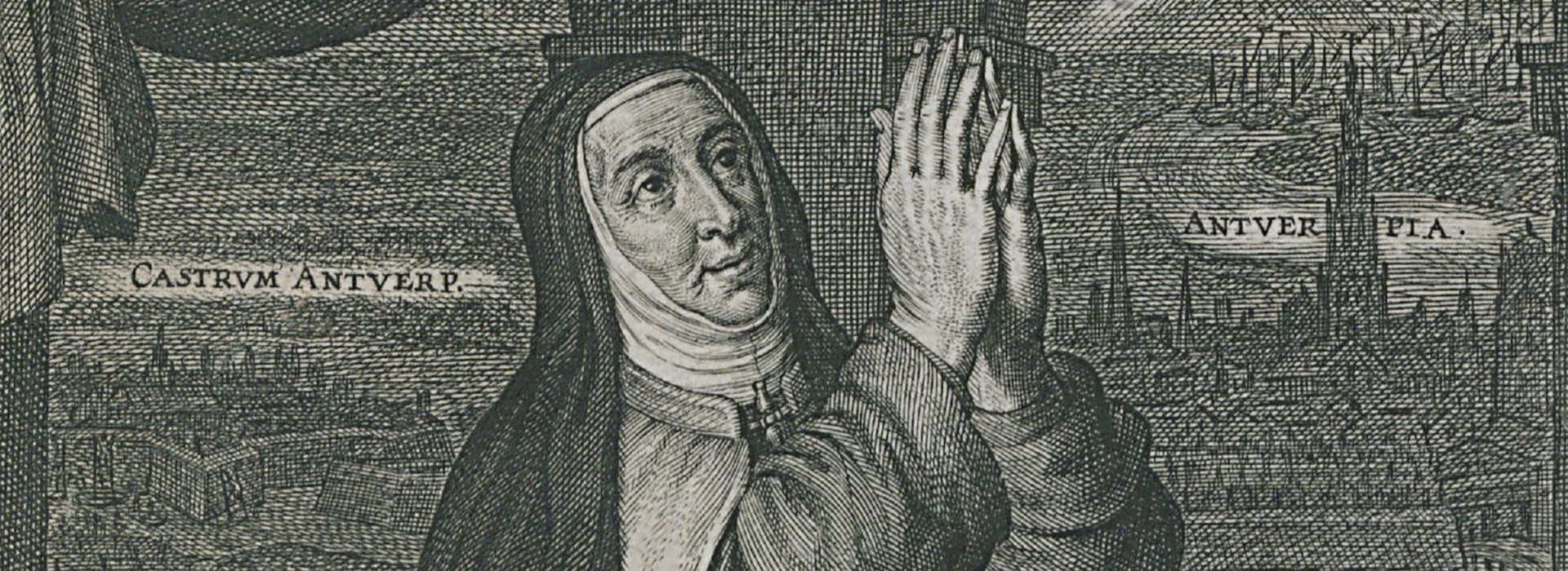 St. Ann of Bartholomew kneeling and hands in prayer pointed toward the heavens.