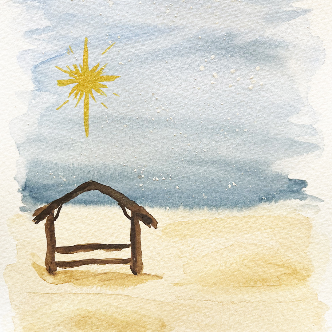 An empty stable with a star overhead painted in watercolor.