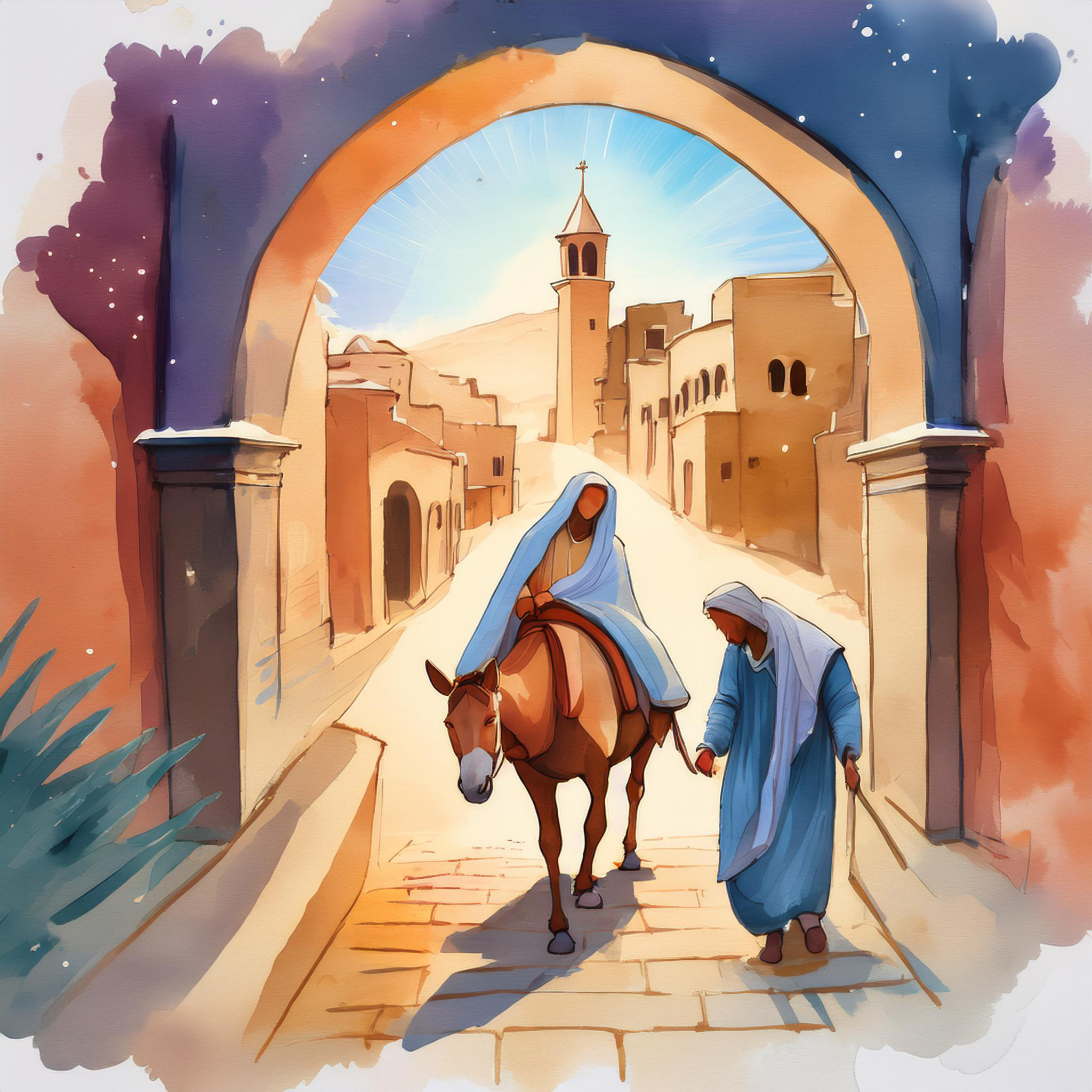 Joseph leading a donkey with Mary sitting on it out of a city.