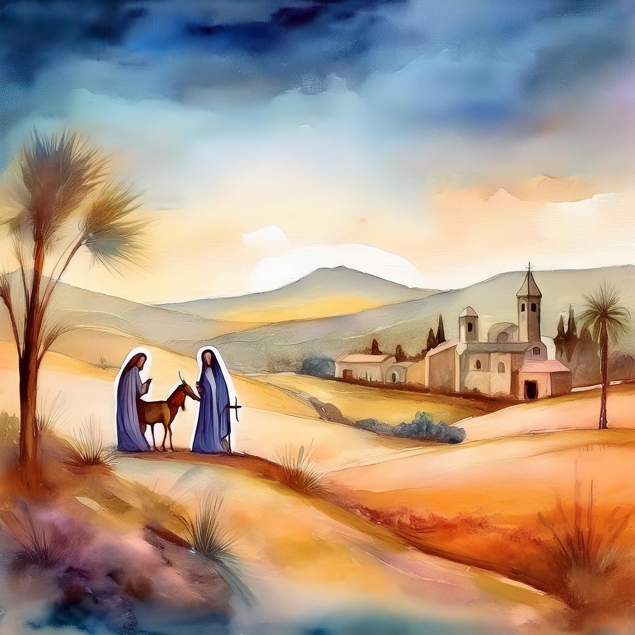 Joseph and Mary standing by a donkey on a hillside, a city is seen in the distance.