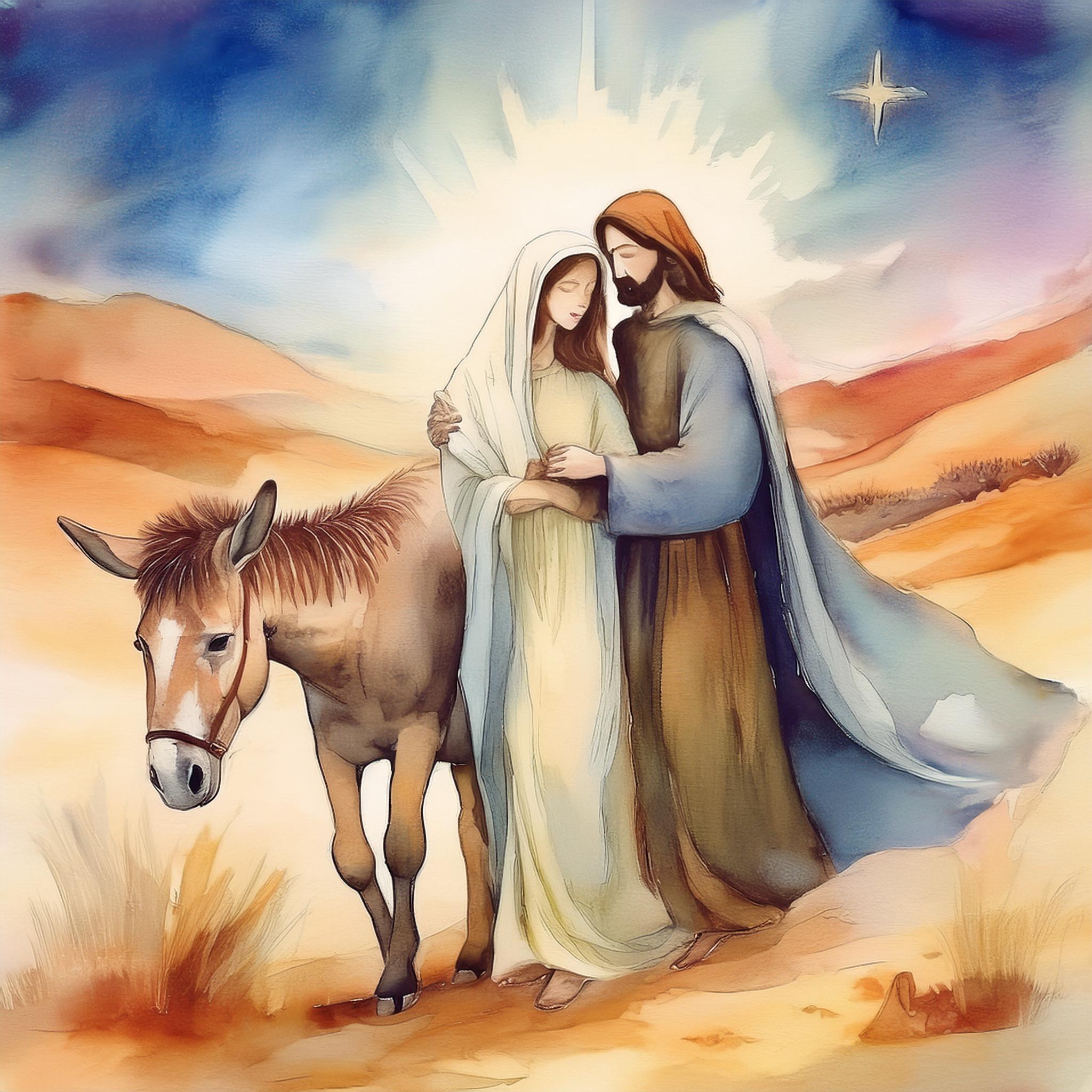 Joseph and Mary embracing while standing next to a donkey in the middle of the desert.