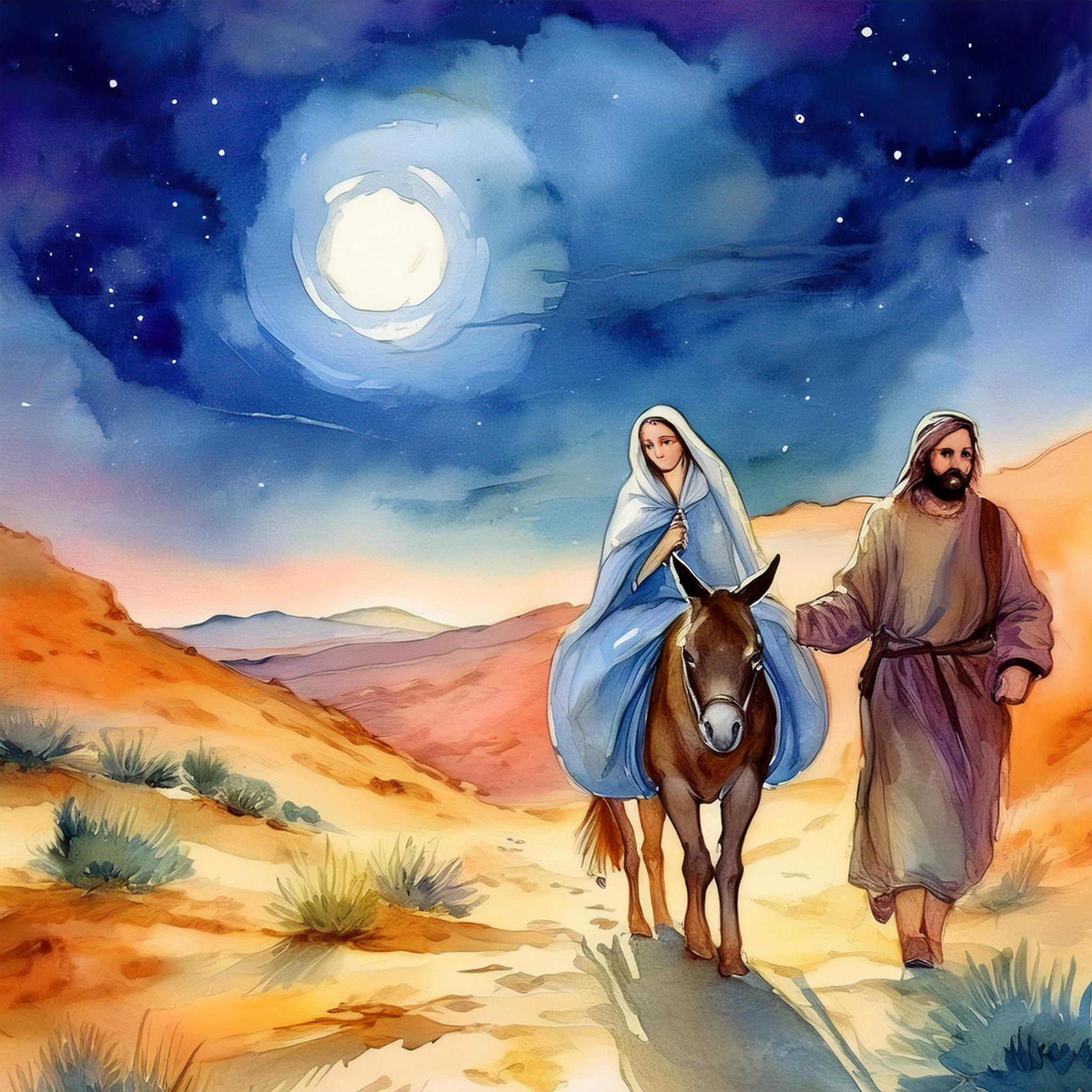 Joseph leading Mary, who is seated on a donkey, down a trail. The sky above is a deep blue with the shining down.