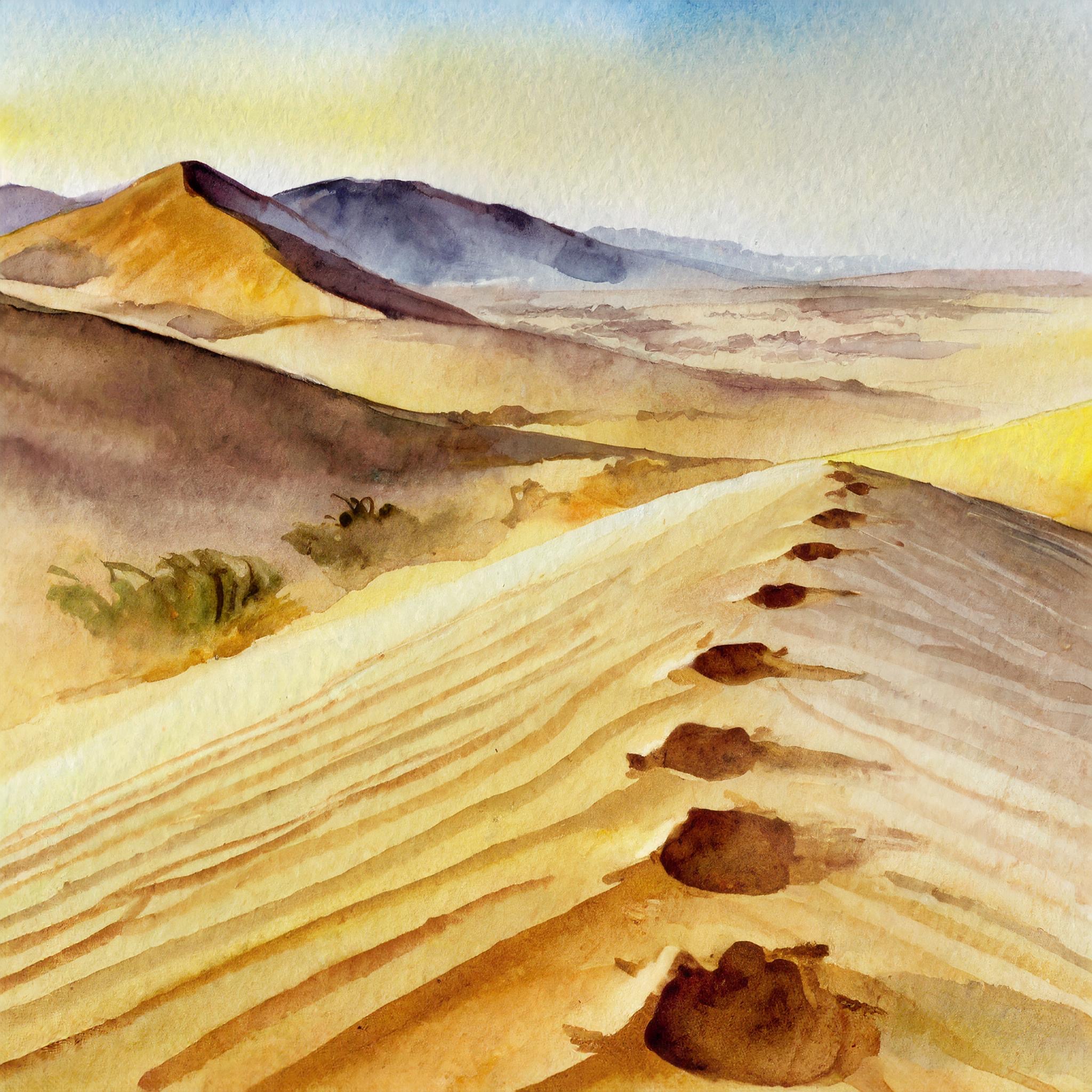 Sand dunes stretching off into the distance. Up close are foot tracks leading toward the viewer.