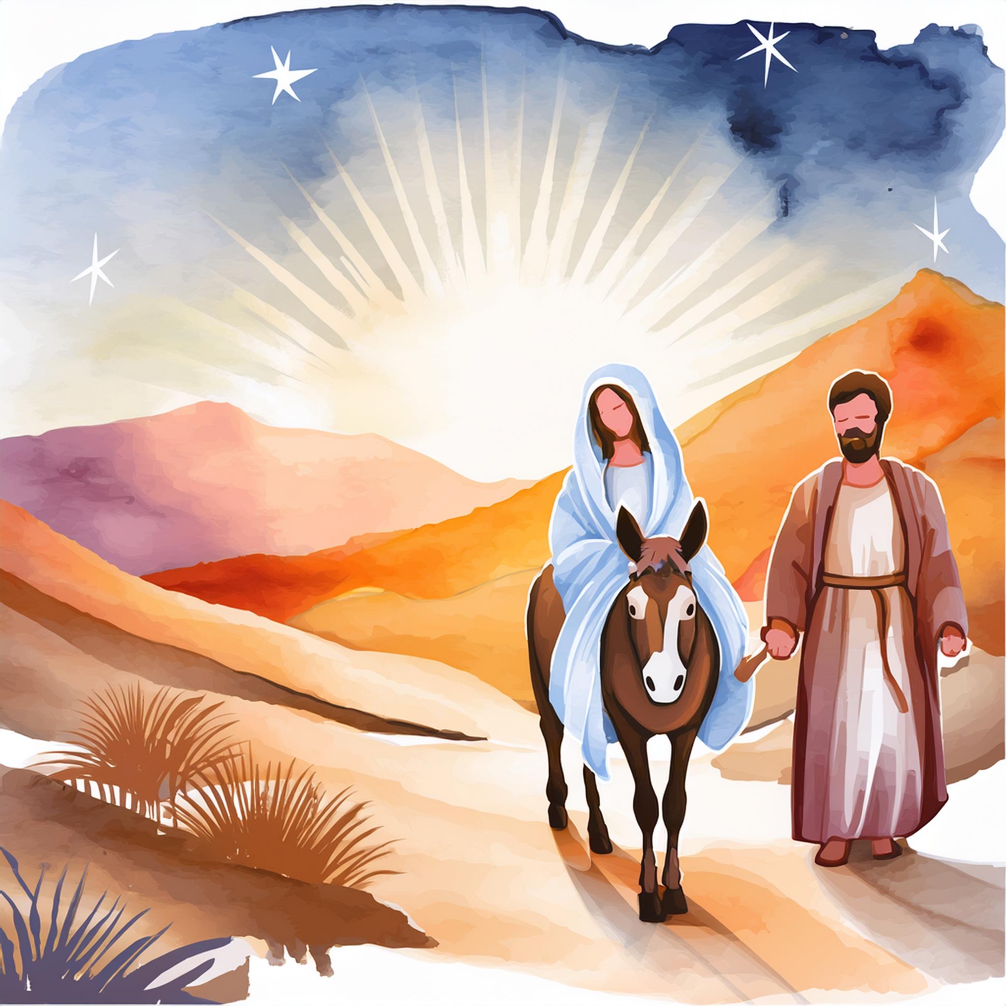 Joseph leading Mary, seated on a donkey, down a trail. The sun shines brightly over the horizon behind them.