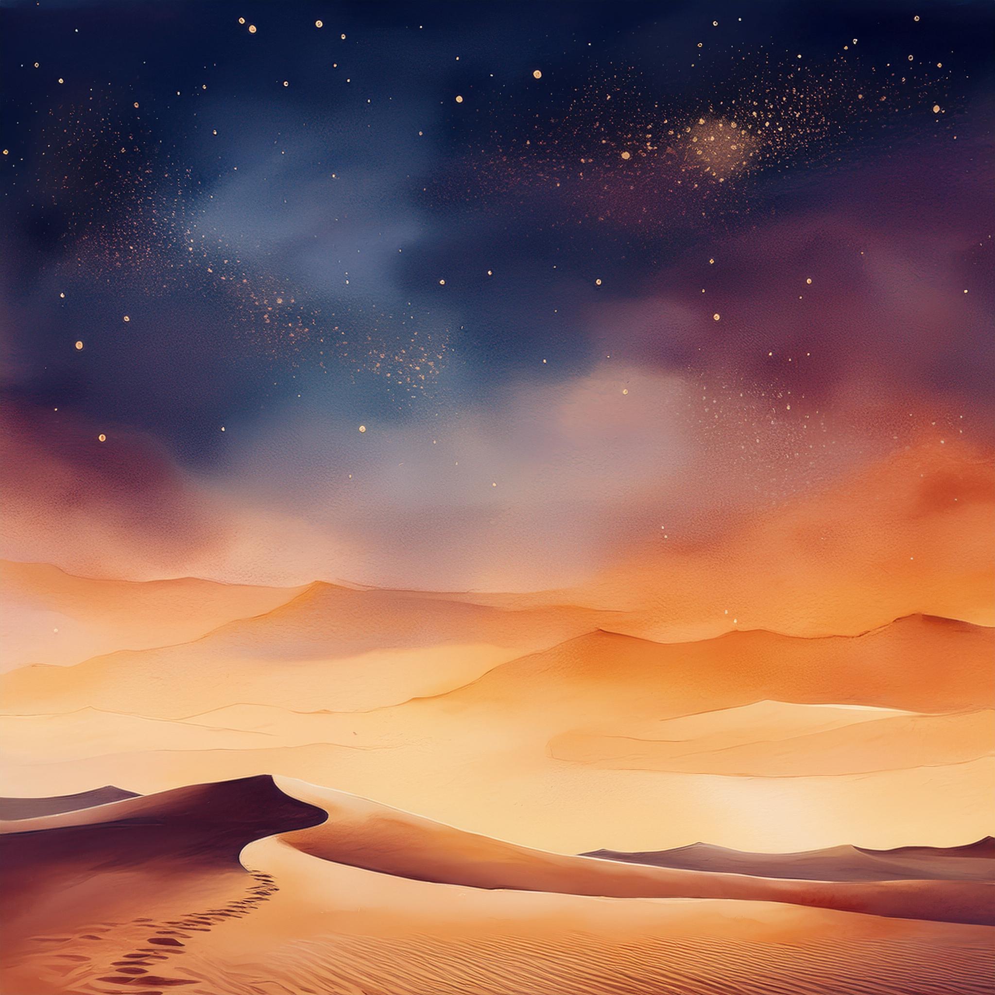 Landscape scene of the dunes stretching off into the distance. The night sky above is filled with stars.