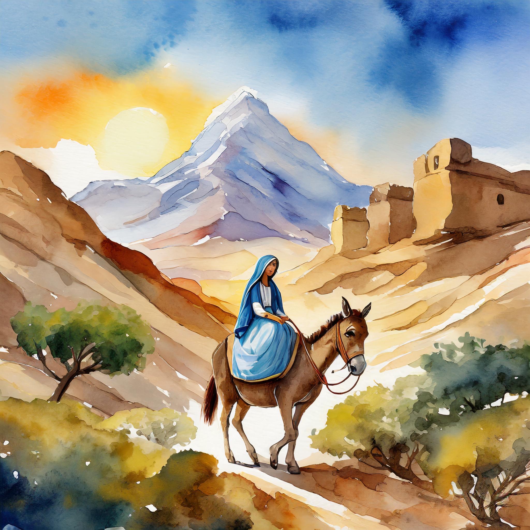 Mary rides a donkey between bushes. A mountain and city are seen in the distance. The sun is rising over the mountains.
