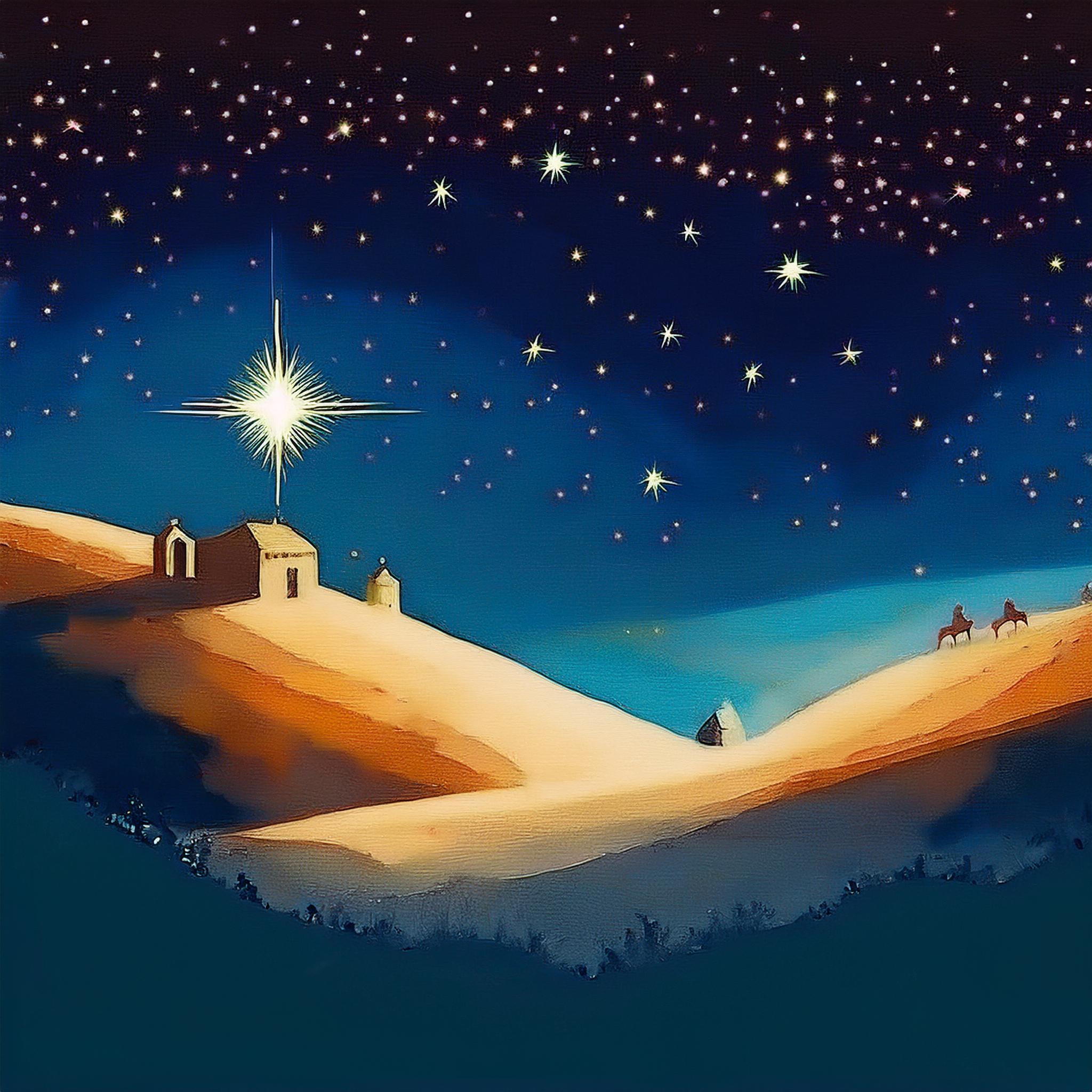 Distant figures of Mary and Joseph ride on donkeys toward a farm house with a bright star above it.