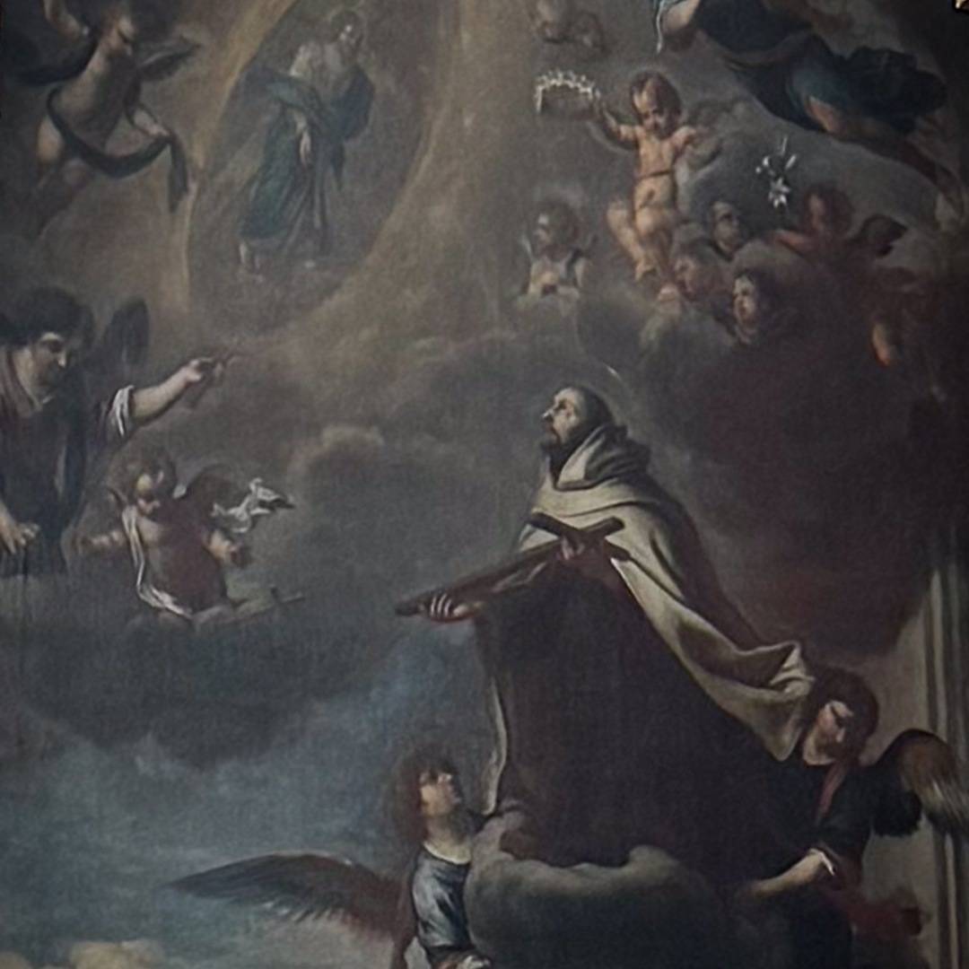 St. John carrying a cross looking up to the heavens as angels carry him on a cloud.