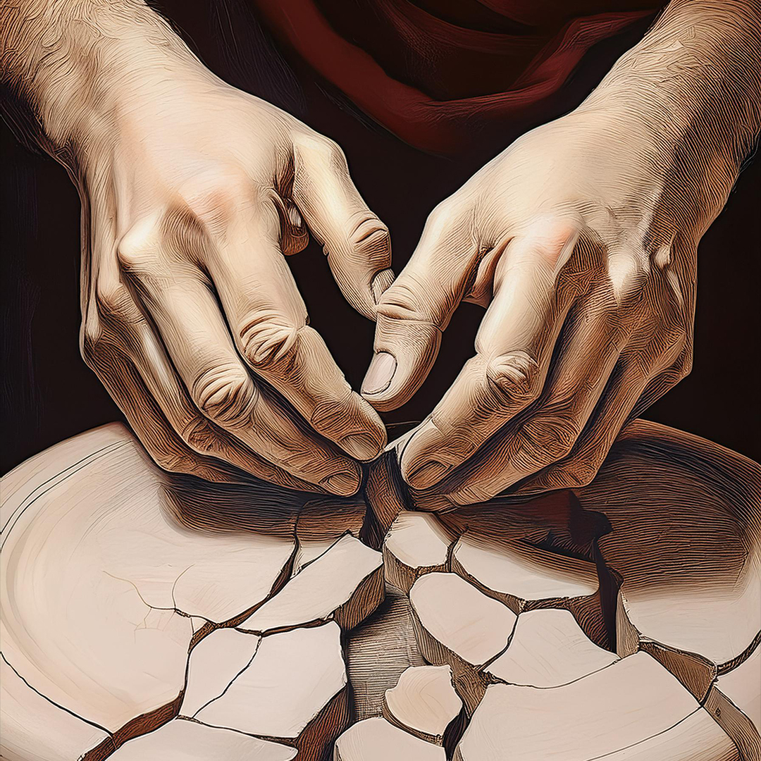 Hands mending a broken clay pot.