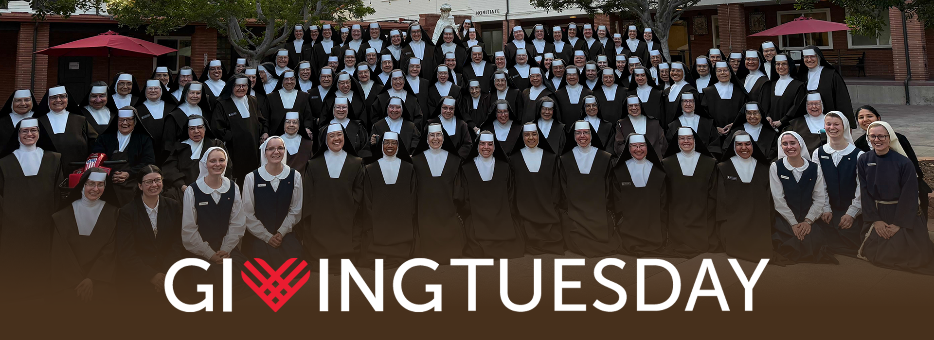 Giving Tuesday over a brown gradient background fade. The whole community of Carmelite Sisters and novices.